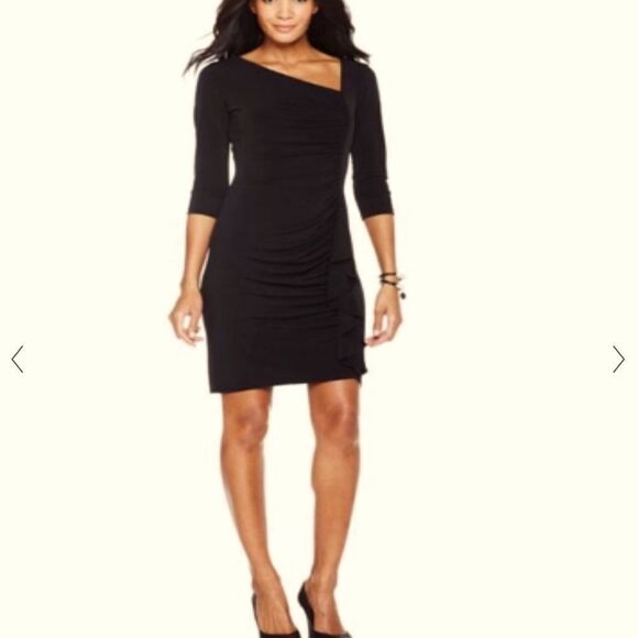 David Meister black asymmetric neckline black dress elbow length sleeves size 12 - Picture 1 of 9